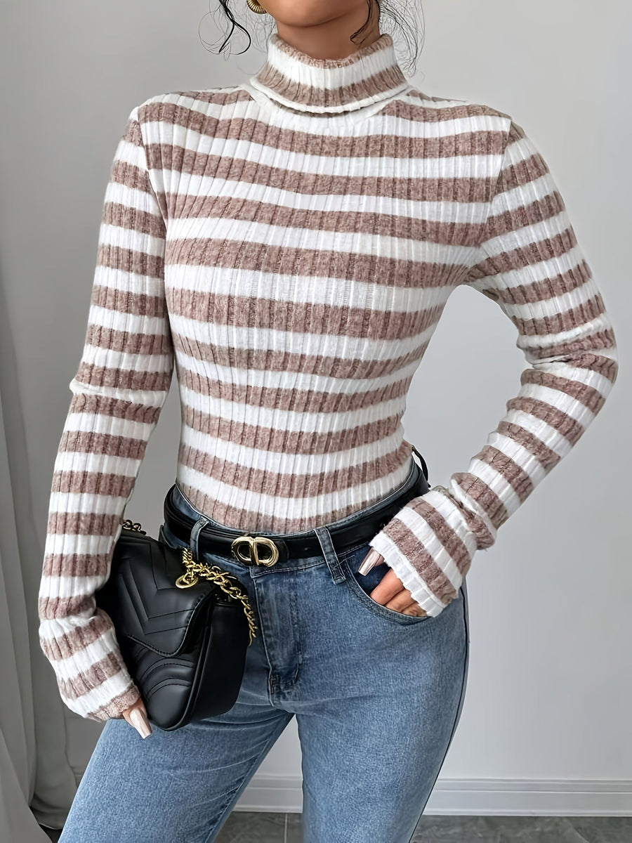 Damen Rollkragenpullover gestreift, Rippstrick, Langarm