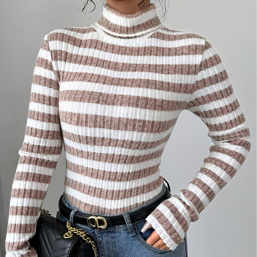 Damen Rollkragenpullover gestreift, Rippstrick, Langarm