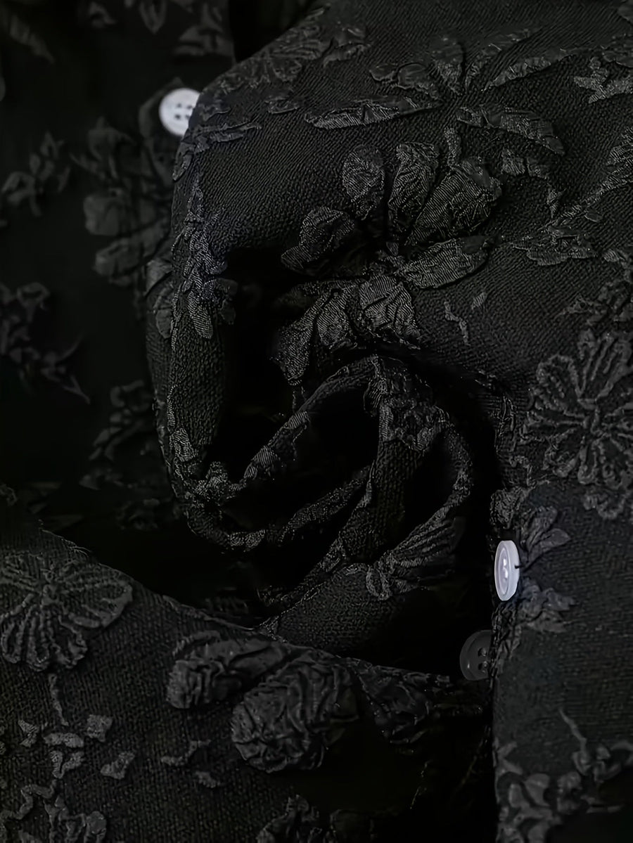 Damen Kurzarm Bluse Schwarz Jacquard-Muster Langarm Hemdbluse mit Ballonärmeln