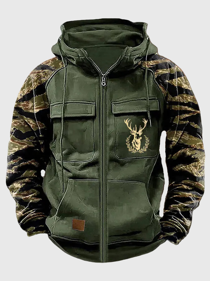 Unisex hoodie met ritssluiting, capuchon, camouflageprint op de mouwen en hertenmotief