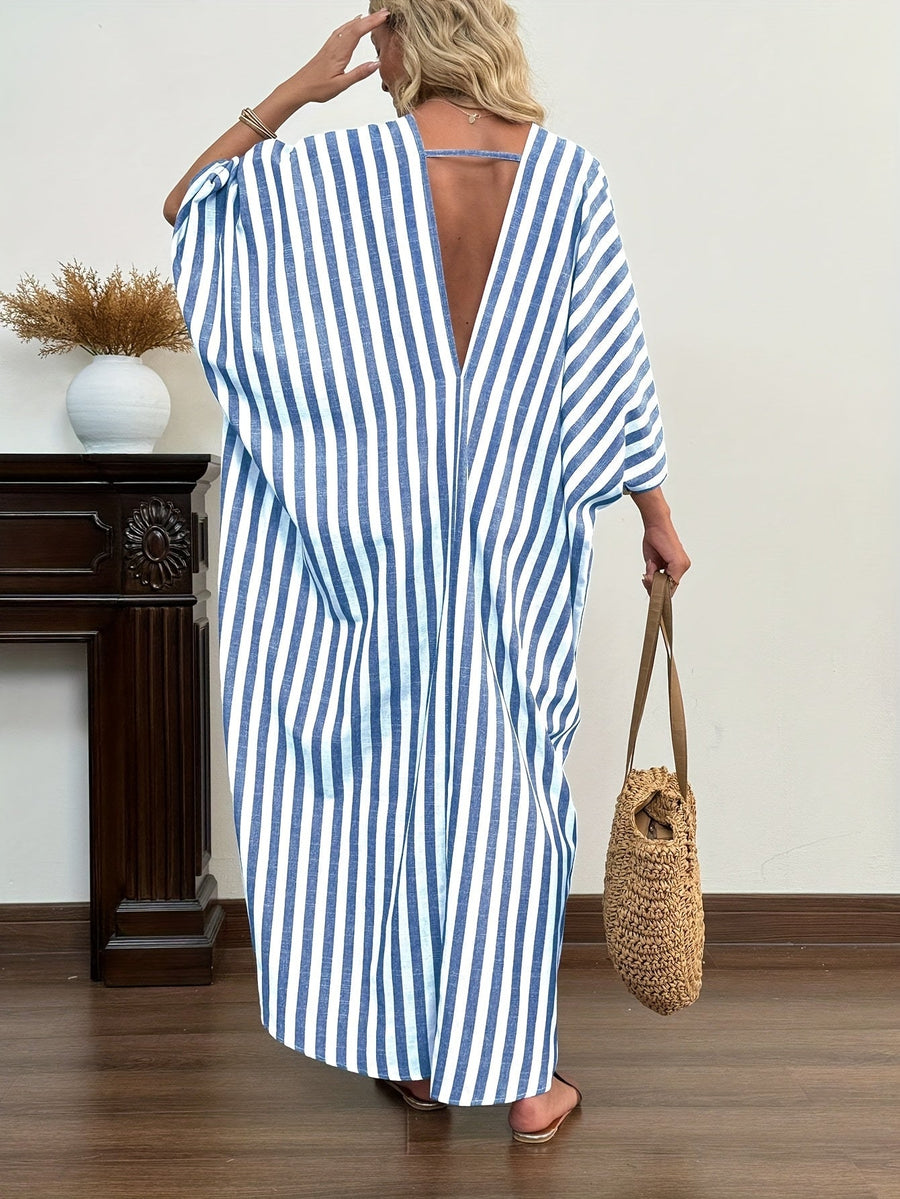 Damen Kaftan Maxikleid mit Streifen – Entspannter Boho-Style für Urlaub & Strand