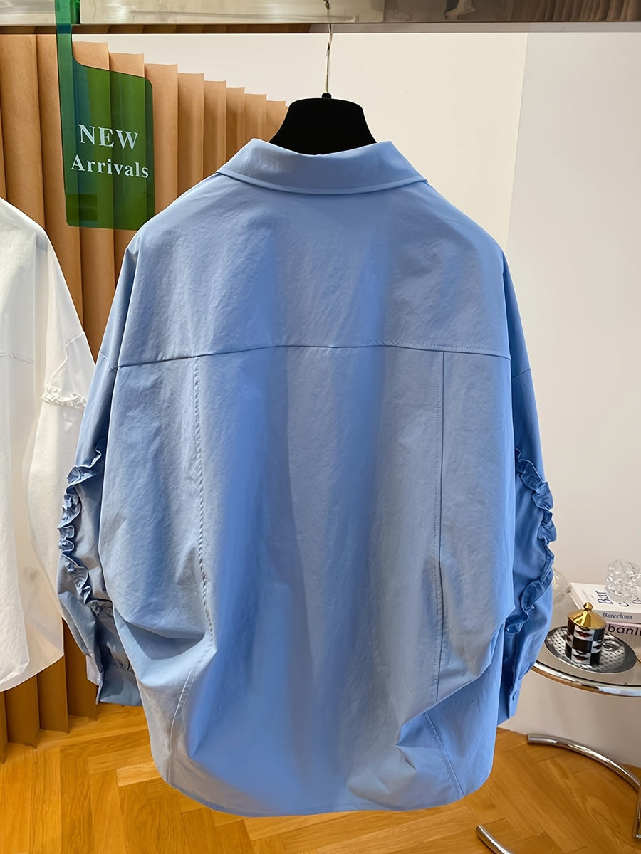 Damen Bluse Langarm Hellblau mit Rüschendetails an den Ärmeln