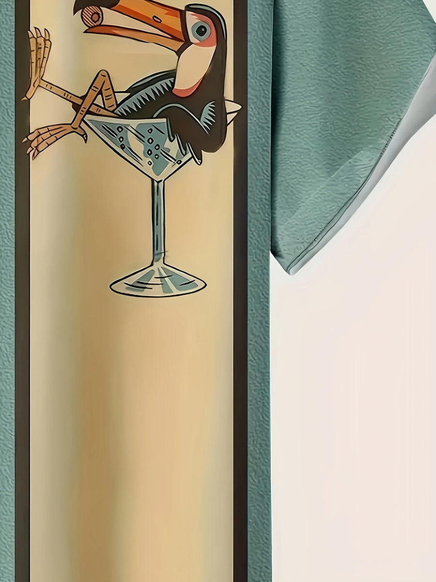Herren Retro Strandhemd mit Tropical-Design und Cocktail-Vogel Print – Perfekt für den Sommerurlaub