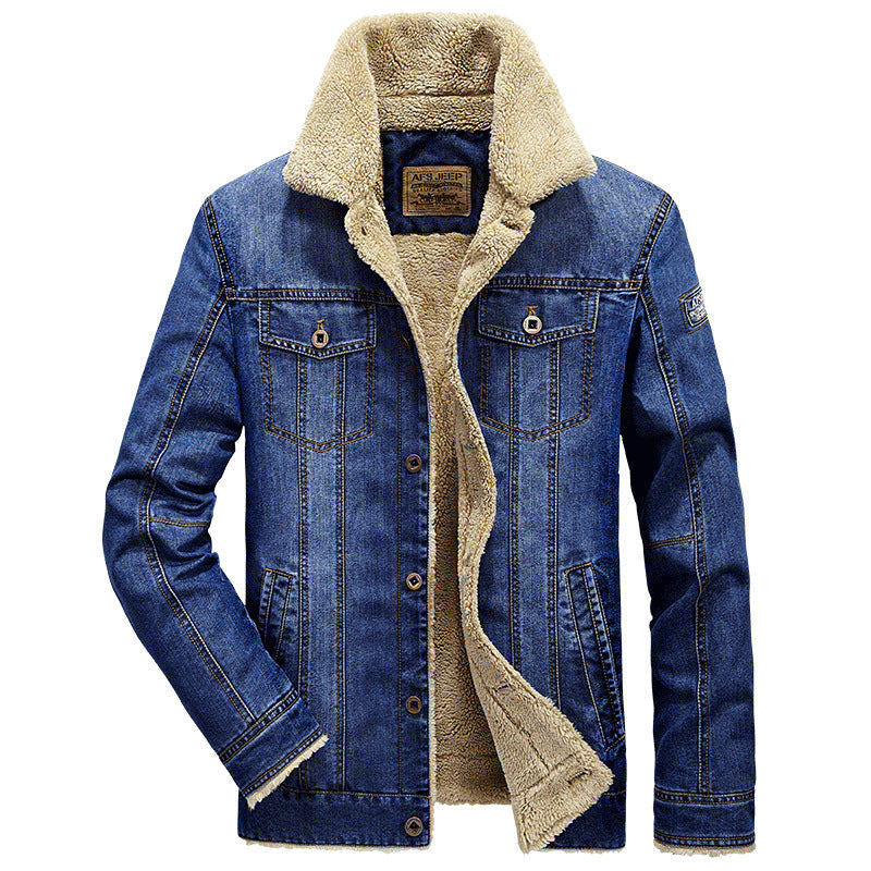 Herenjeansjack met imitatiebontvoering - donkerblauw