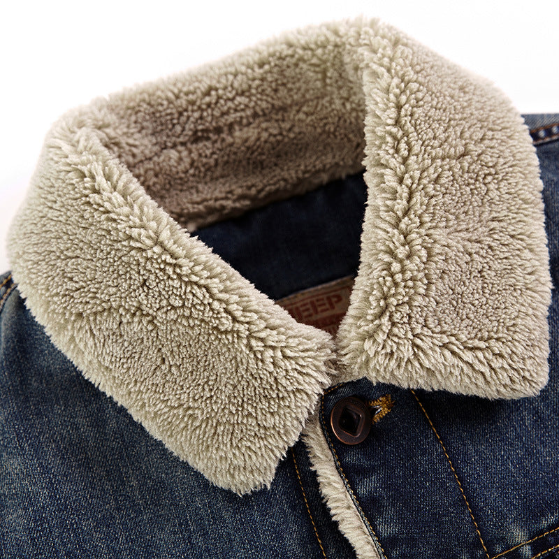 Herenjeansjack met imitatiebontvoering - donkerblauw