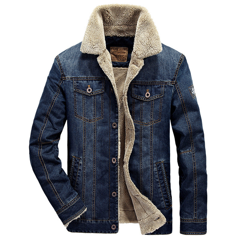 Herenjeansjack met imitatiebontvoering - donkerblauw