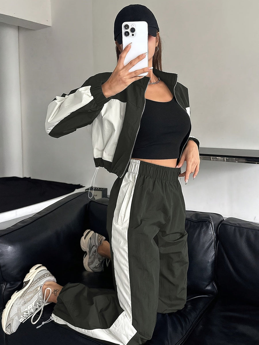 Damen Trainingsanzug Set Zweiteiler mit Colorblock Jacke und Jogginghose
