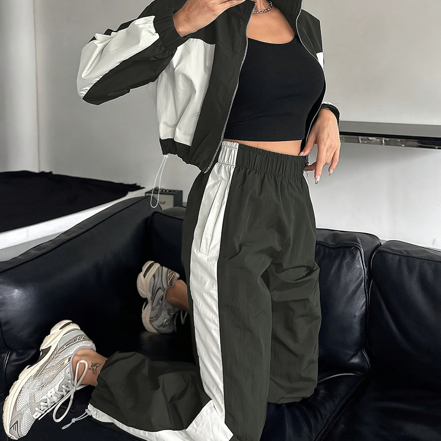 Damen Trainingsanzug Set Zweiteiler mit Colorblock Jacke und Jogginghose