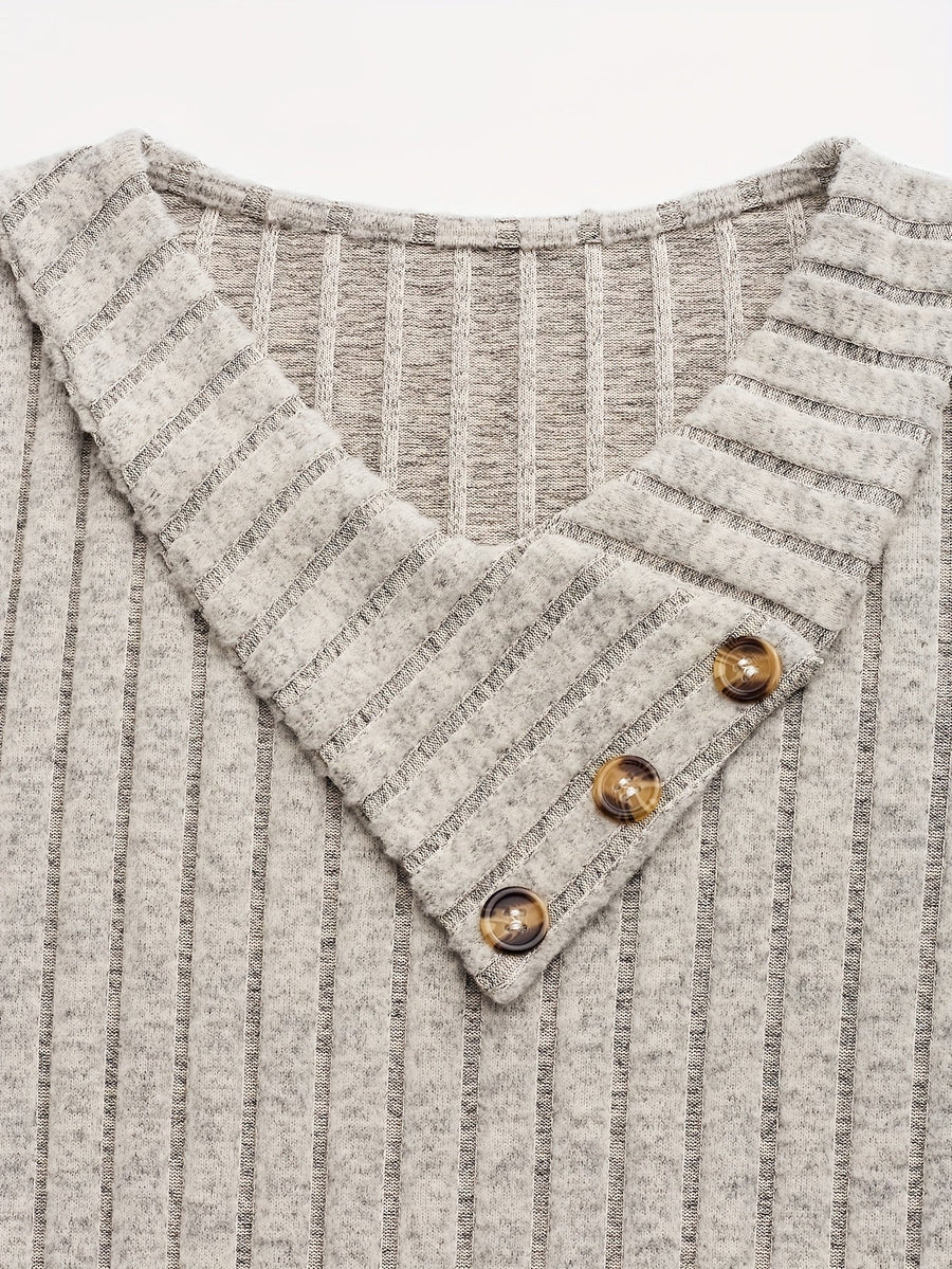 Damen Geripptes Langarmkleid mit V-Ausschnitt und Knopfdetails