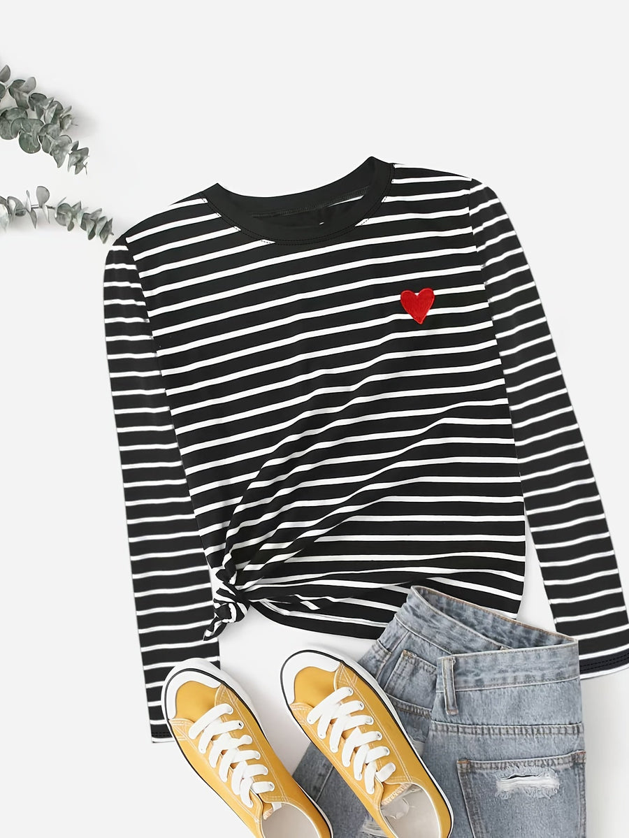 Langarmshirt Damen gestreift mit rotem Herz-Patch Schwarz Weiß