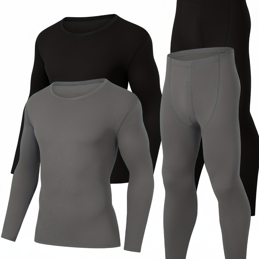 Thermo Unterwäsche Set Herren Langarmshirt und Hose 4-teilig Schwarz Grau