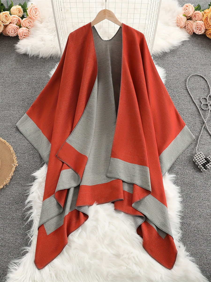Damen Poncho Cape mit offenem Vorderteil und geometrischem Muster – Boho Stil für Alltag und Freizeit