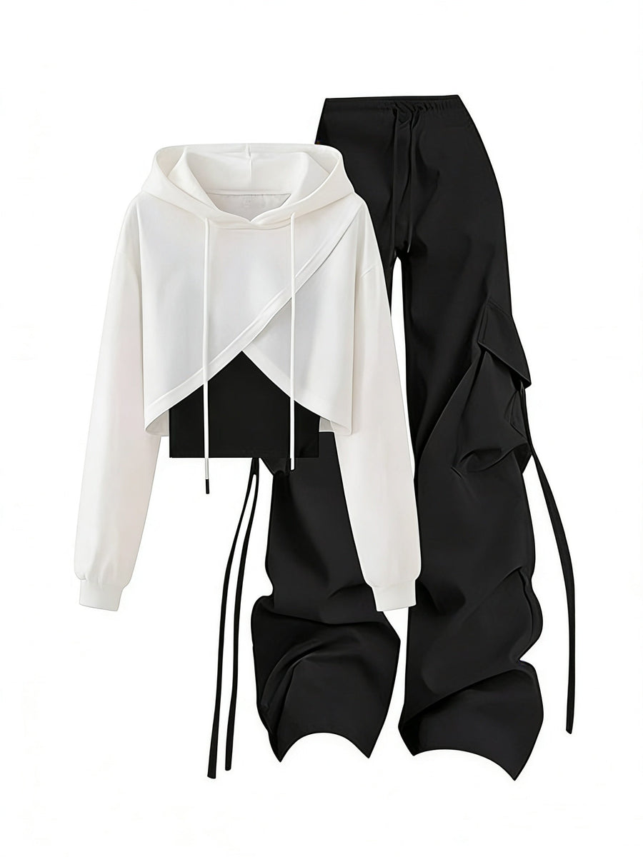 Damen zweiteiliges Set, Crop Hoodie und Cargohose, Schwarz-Weiß, locker geschnitten
