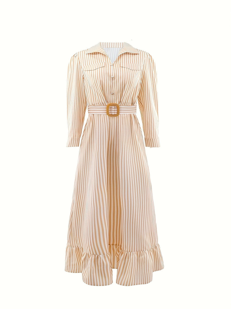 Damen Maxikleid Gestreift Creme Braun Hemdblusenstil Langarm mit Gürtel