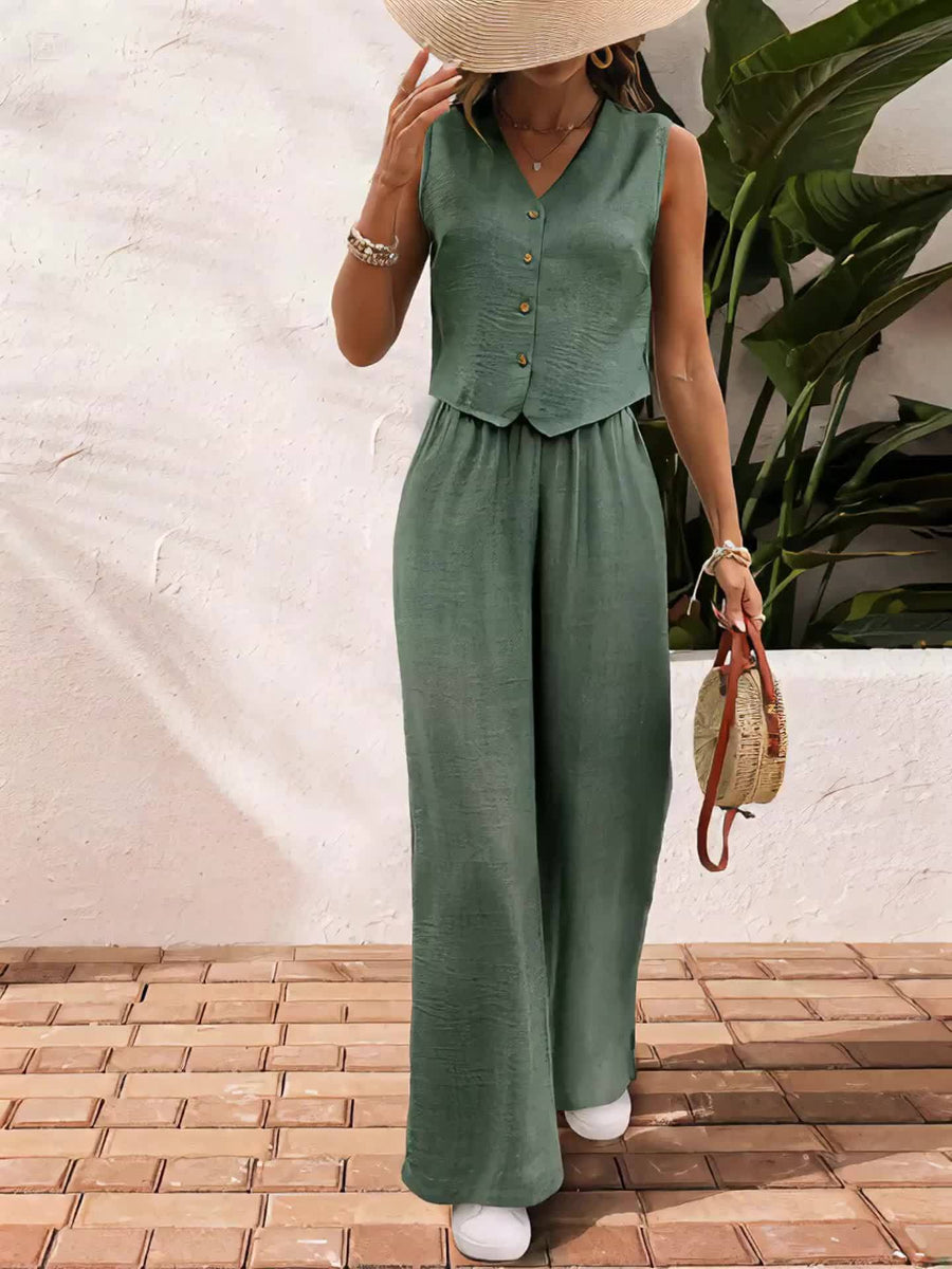 Damen Eleganter Zweiteiler Jumpsuit mit Weste und Weiten Hosen – Freizeit & Sommer Outfit