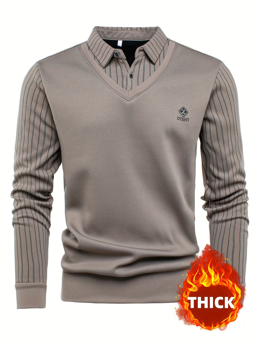 Herren Langarmshirt mit V-Ausschnitt und Hemdkragen, Streifenmuster