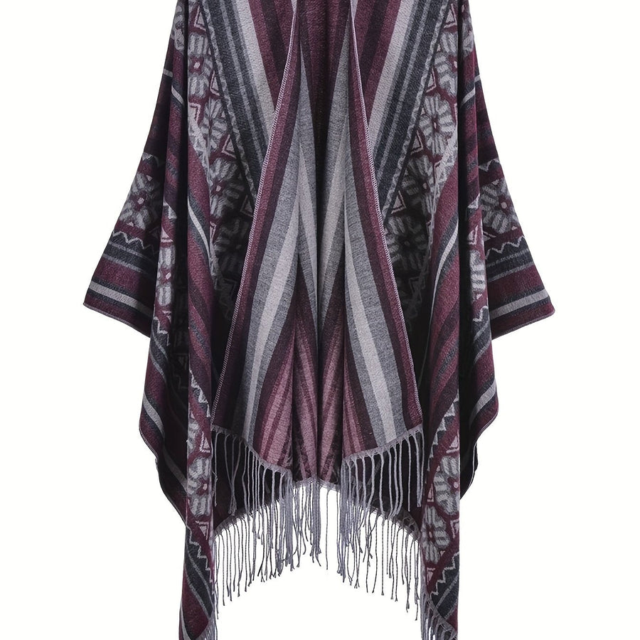 Damen Poncho Cape mit offenem Vorderteil und geometrischem Muster – Boho Stil für Alltag und Freizeit