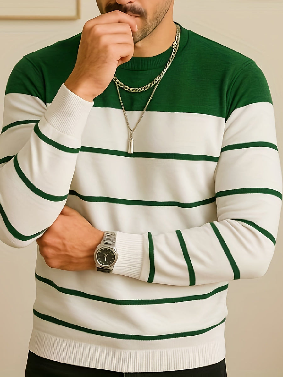 Herren Rundhals-Pullover Gestreift – Langarm, Farbblock-Design