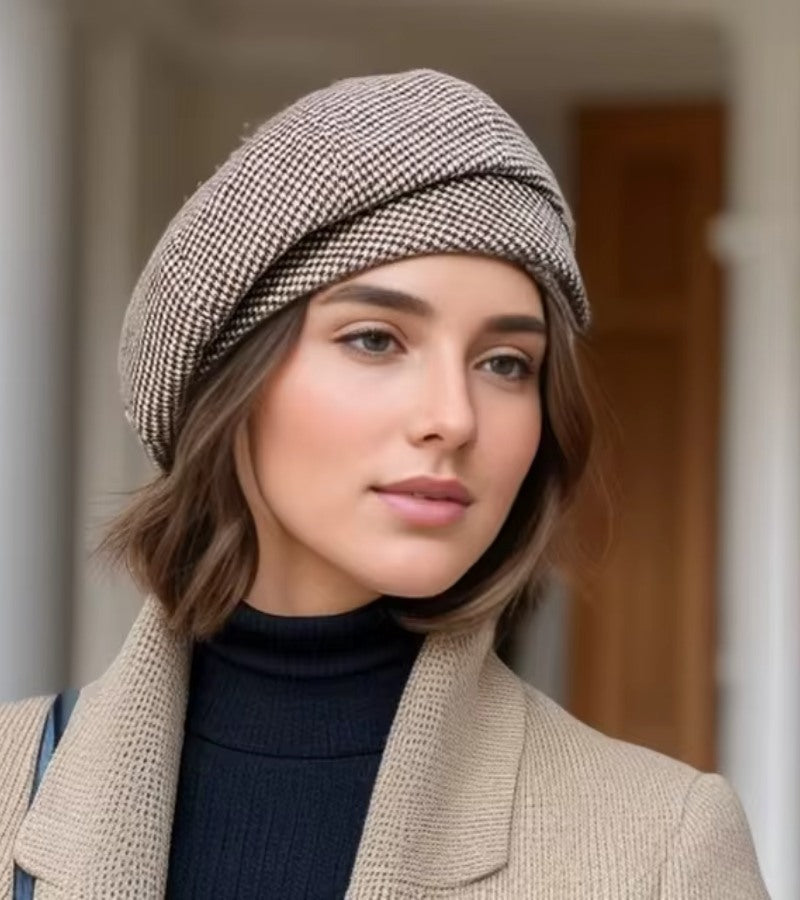 Damen Barett Mütze mit Karomuster Beige