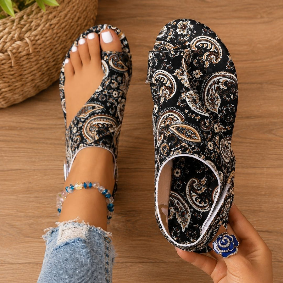Damen Sandalen mit Zehensteg und Paisley-Muster, Riemchen-Design