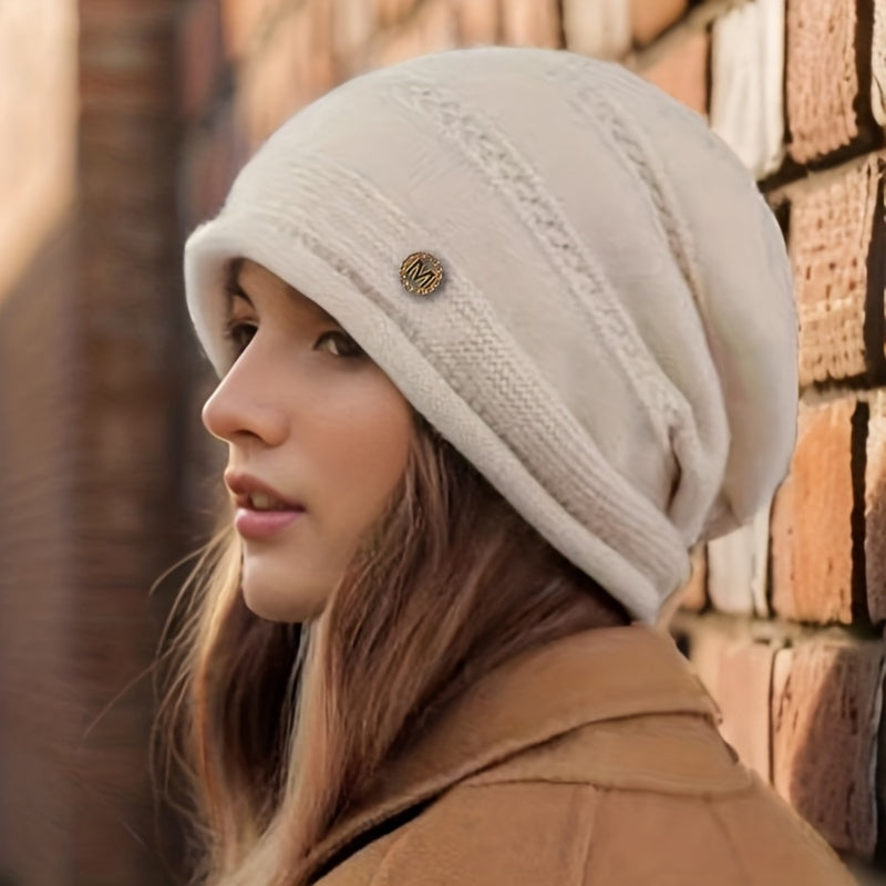 Slouchy Beanie Mütze Damen Strickmütze Beige mit Muster weiches Innenfutter