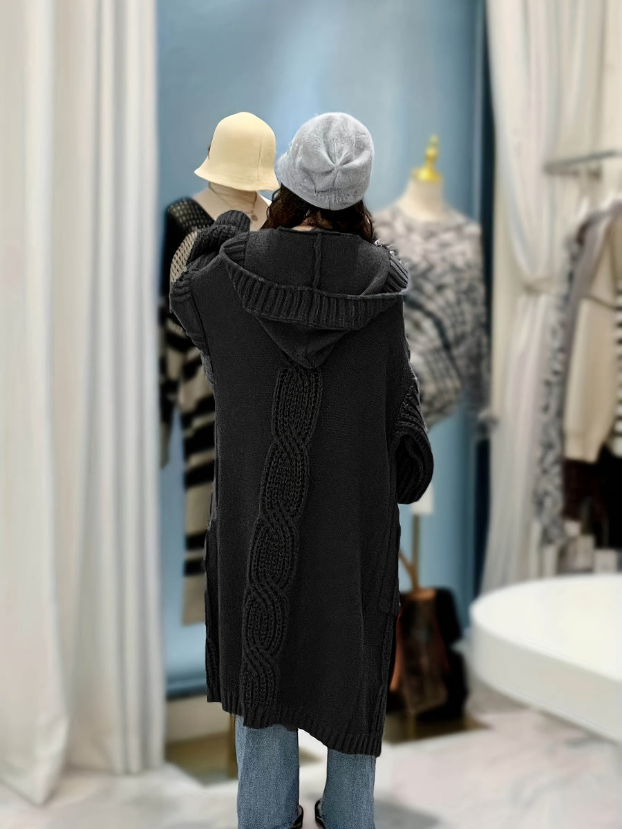 Damen Strickmantel Lang mit Kapuze Zopfmuster Strickjacke Grau