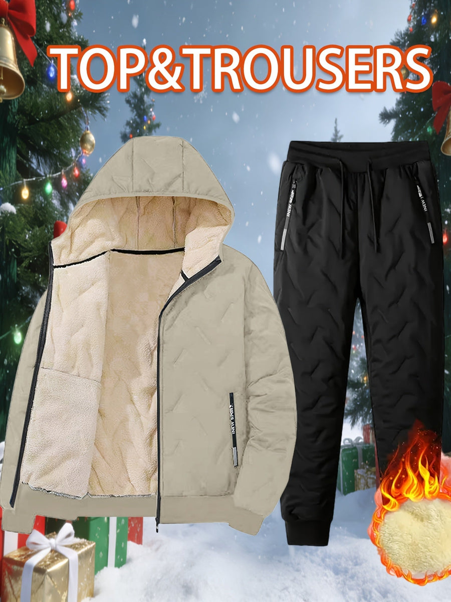 Herren Winter Thermo Anzug Gesteppt Gefütterte Jacke mit Kapuze und Hose