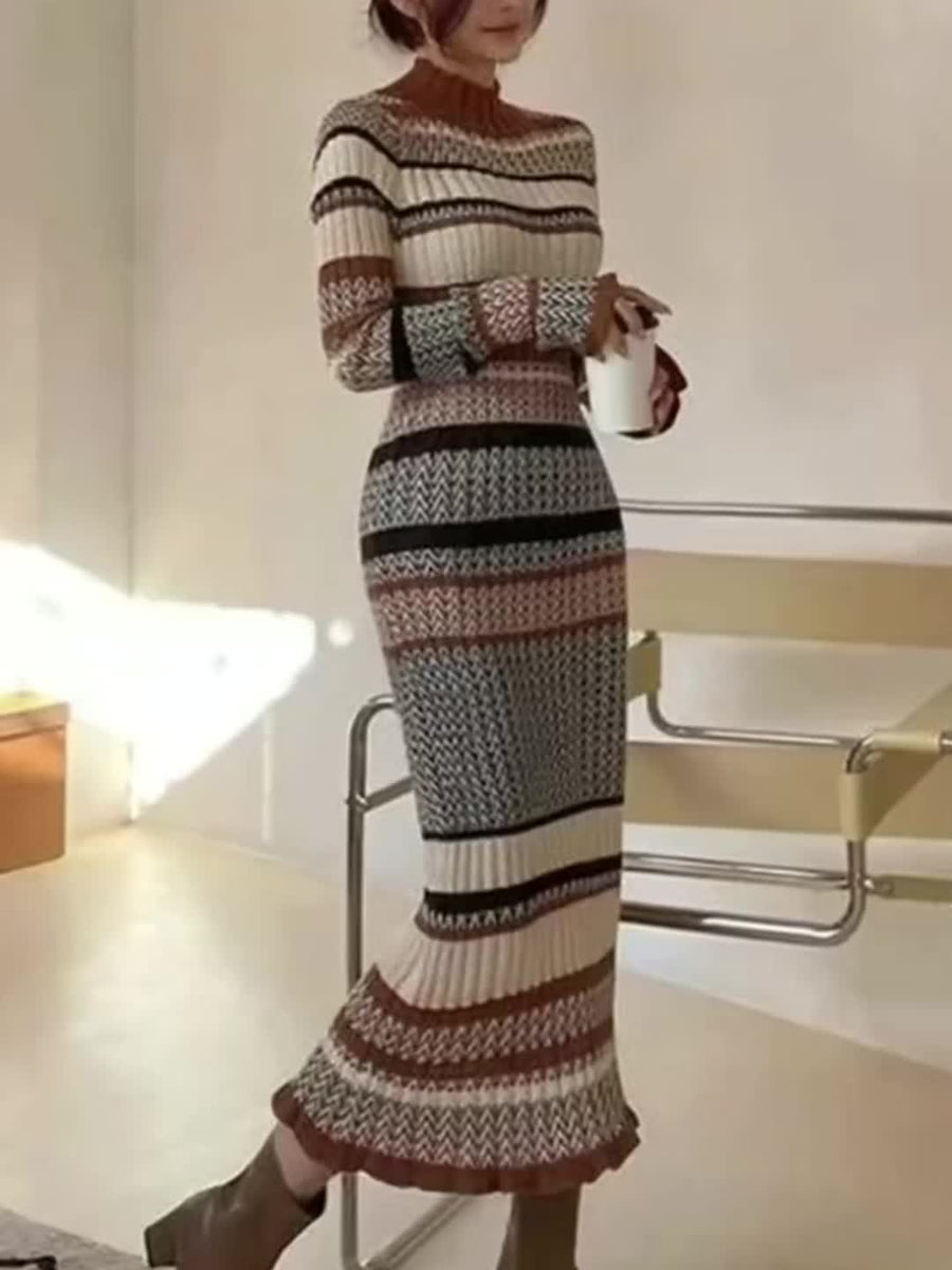 Damen Strickkleid Lang Ärmel Rollkragen Mehrfarbig Gemustert