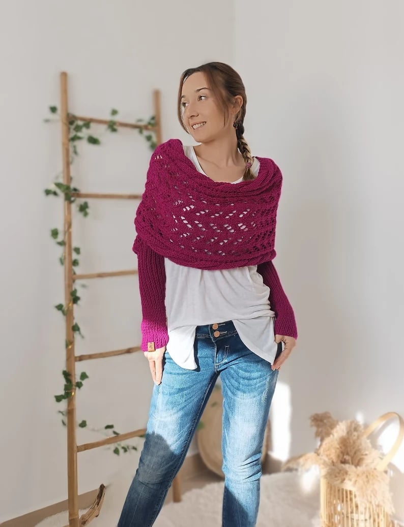 Damen Strick Bolero mit langen Ärmeln und Lochmuster