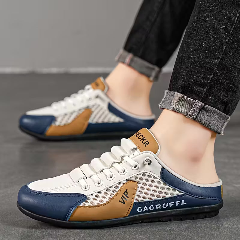Herenslippers met open hiel, vrijetijdsschoenen met veters en mesh-inzetstukken