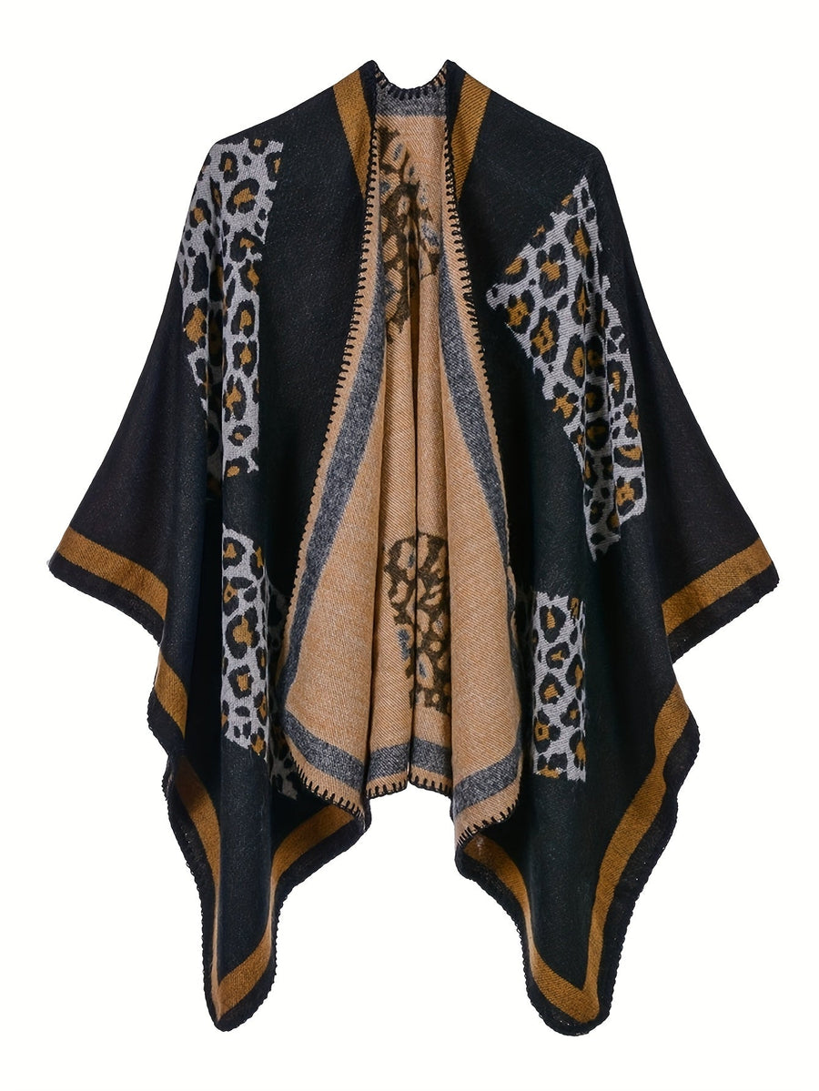Damen Poncho Cape mit offenem Vorderteil und geometrischem Muster – Boho Stil für Alltag und Freizeit