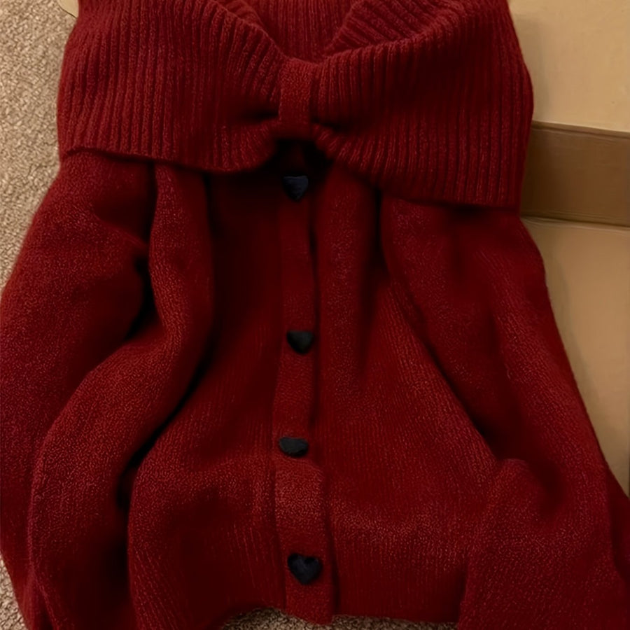 Damen Strickpullover Carmen-Ausschnitt Schleife Herzknöpfe