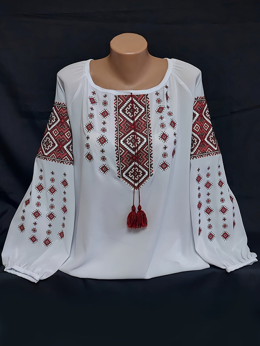 Damen Bluse mit runden Ausschnitt und rot-brauner Stickerei