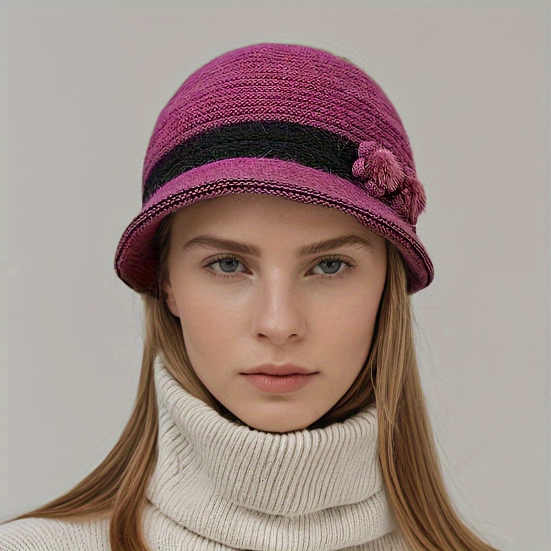 Damen Glockenhut aus weichem Material mit Band und Pompons – verschiedene Farben