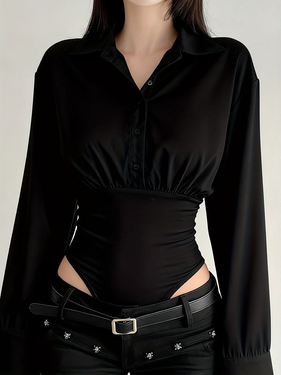 Damen Langarm Bodysuit mit Hemdkragen und Raffungen an der Taille