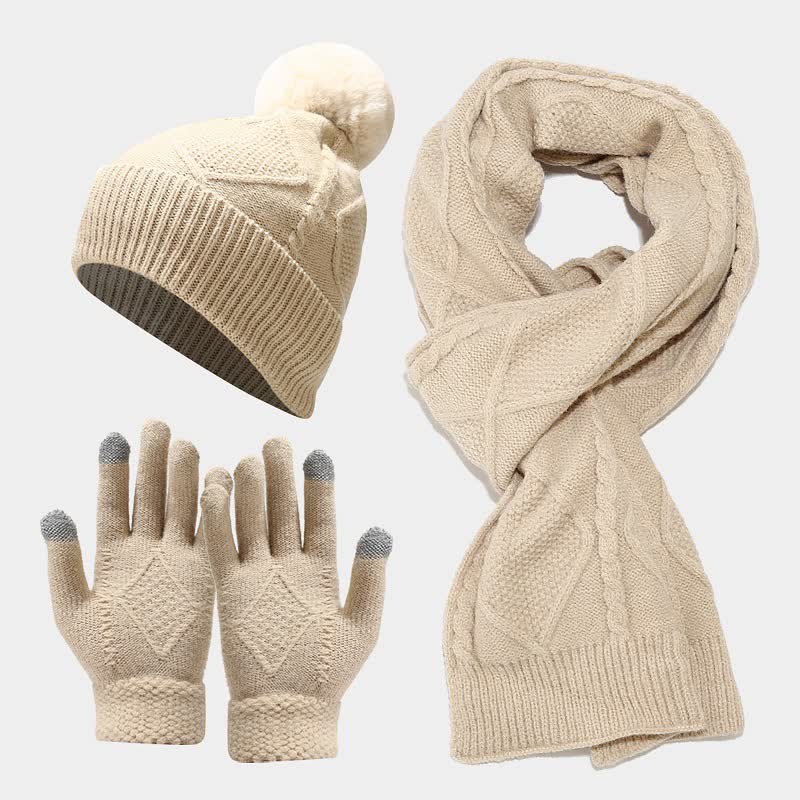 Wintermutsenset met gebreid patroon, pompon, sjaal en touchscreenhandschoenen