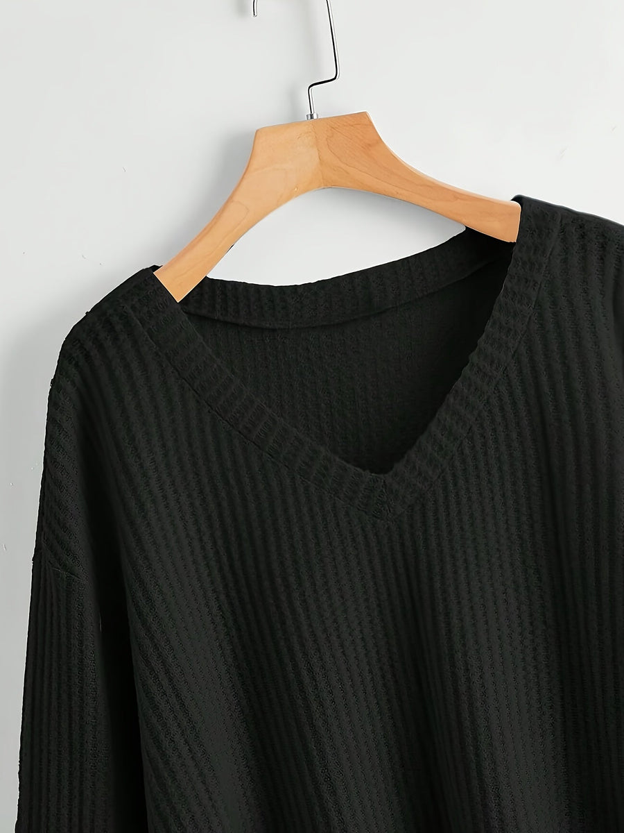 Damen Crop Top Strickpullover V-Ausschnitt Waffelstruktur Langarm