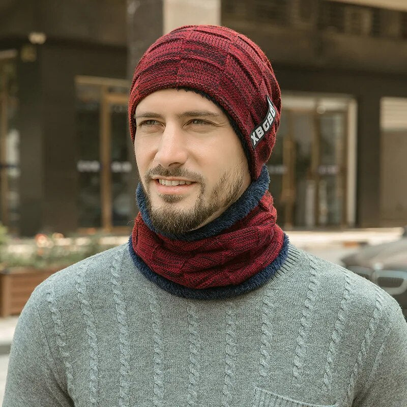 Gestricktes Mützen- und Schal-Set für Herren mit Fleecefutter