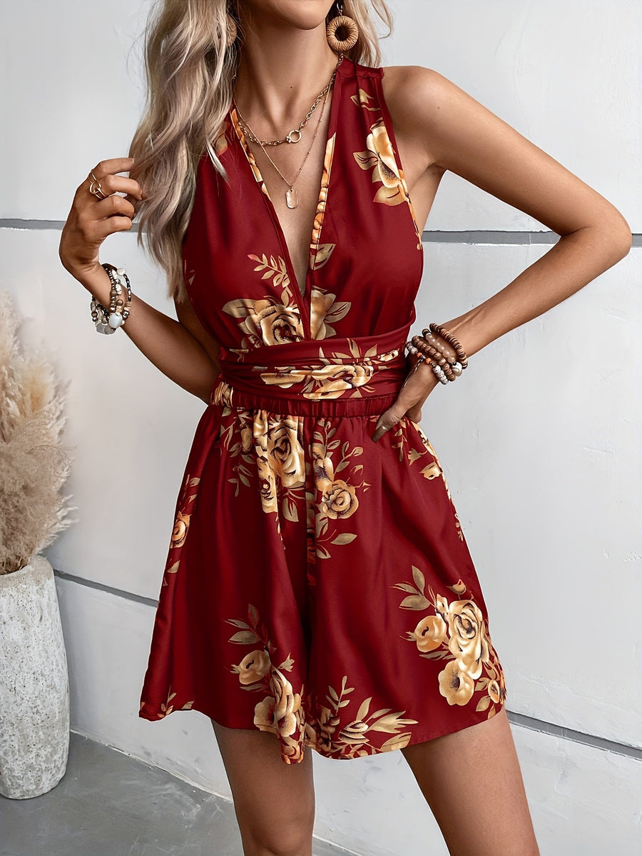Damen Floral V-Ausschnitt Romper mit Taillengürtel und ausgestellten Shorts