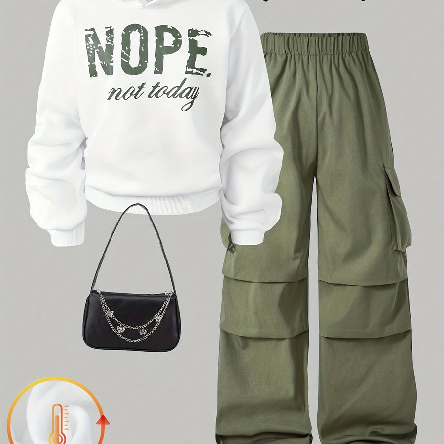 Damen Hoodie & Cargo-Hosen Set mit Aufdruck Weiß Grün