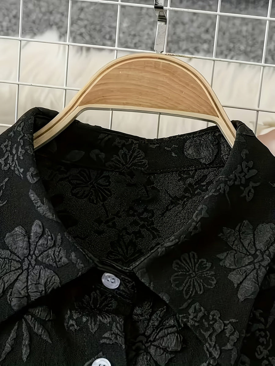 Damen Kurzarm Bluse Schwarz Jacquard-Muster Langarm Hemdbluse mit Ballonärmeln