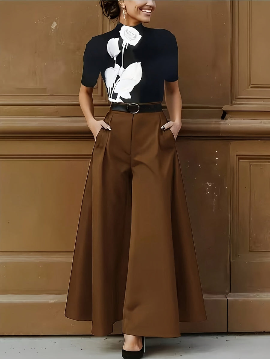 Damen Elegante High-Waist Weite Palazzo Hose mit Gürtel – Perfekt für Büro und besondere Anlässe