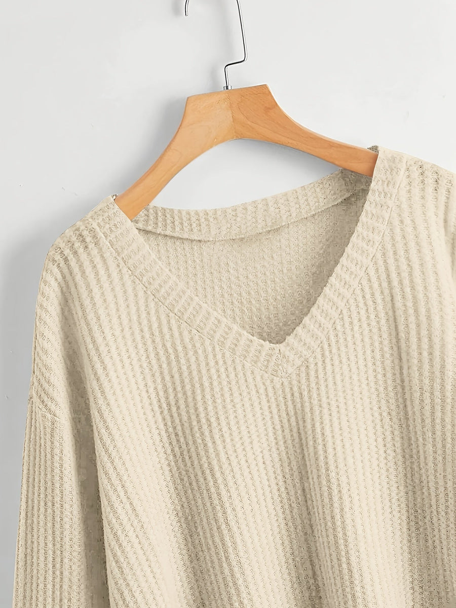 Damen Crop Top Strickpullover V-Ausschnitt Waffelstruktur Langarm