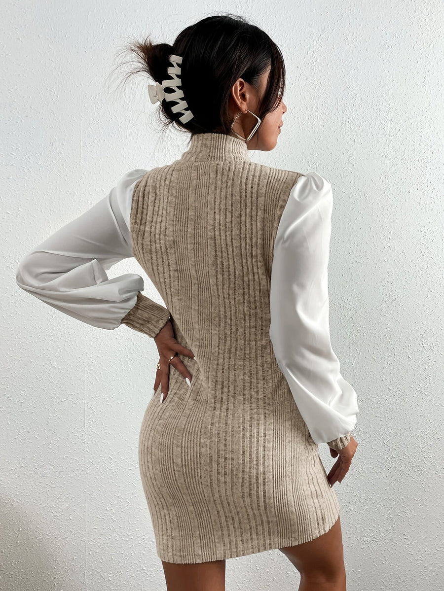 Damen Rippstrick-Kleid mit Stehkragen und Puffärmeln, inklusive Gürtel