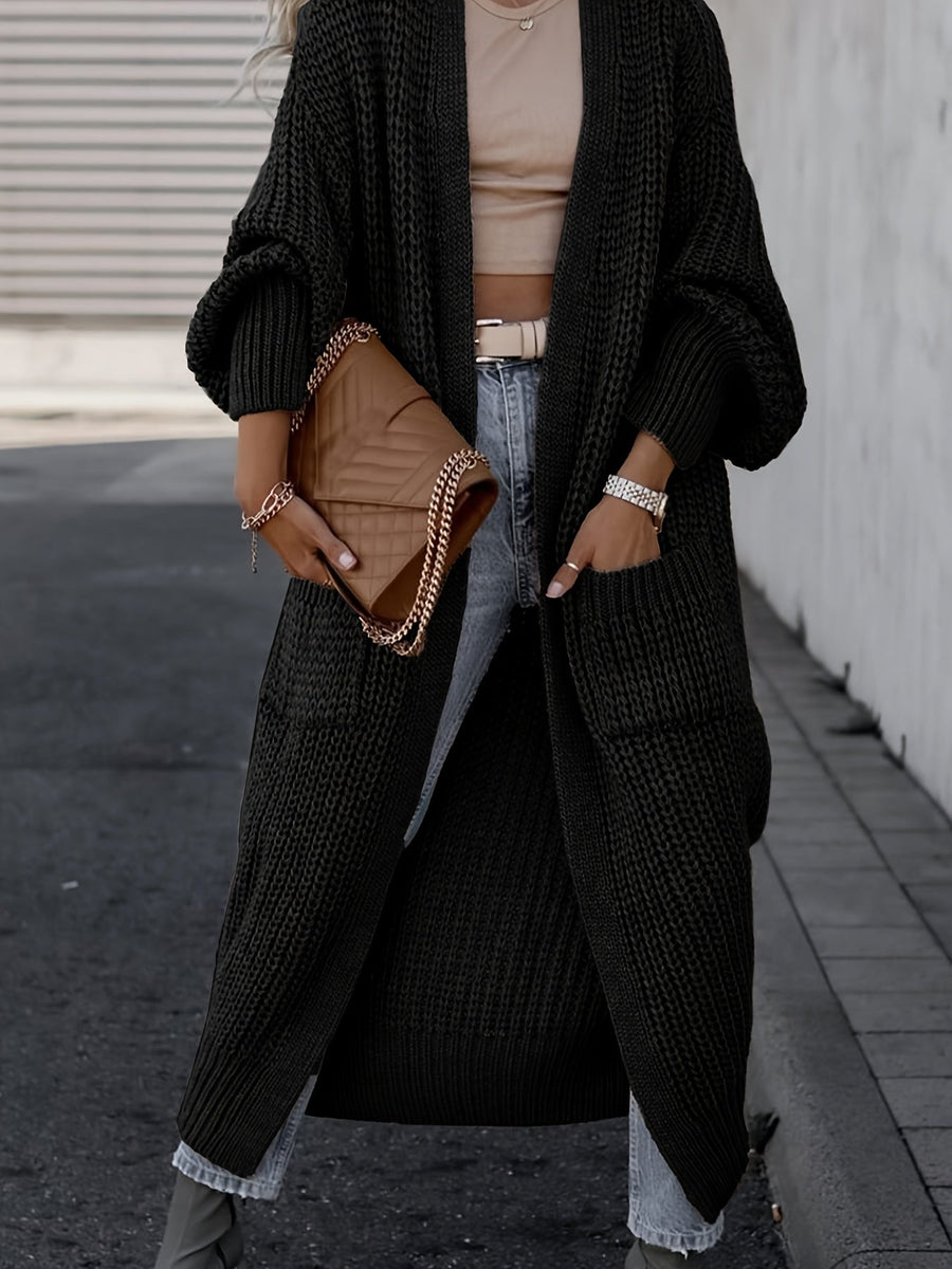 Damen Grobstrick Cardigan Lang Offen Strickjacke mit Taschen