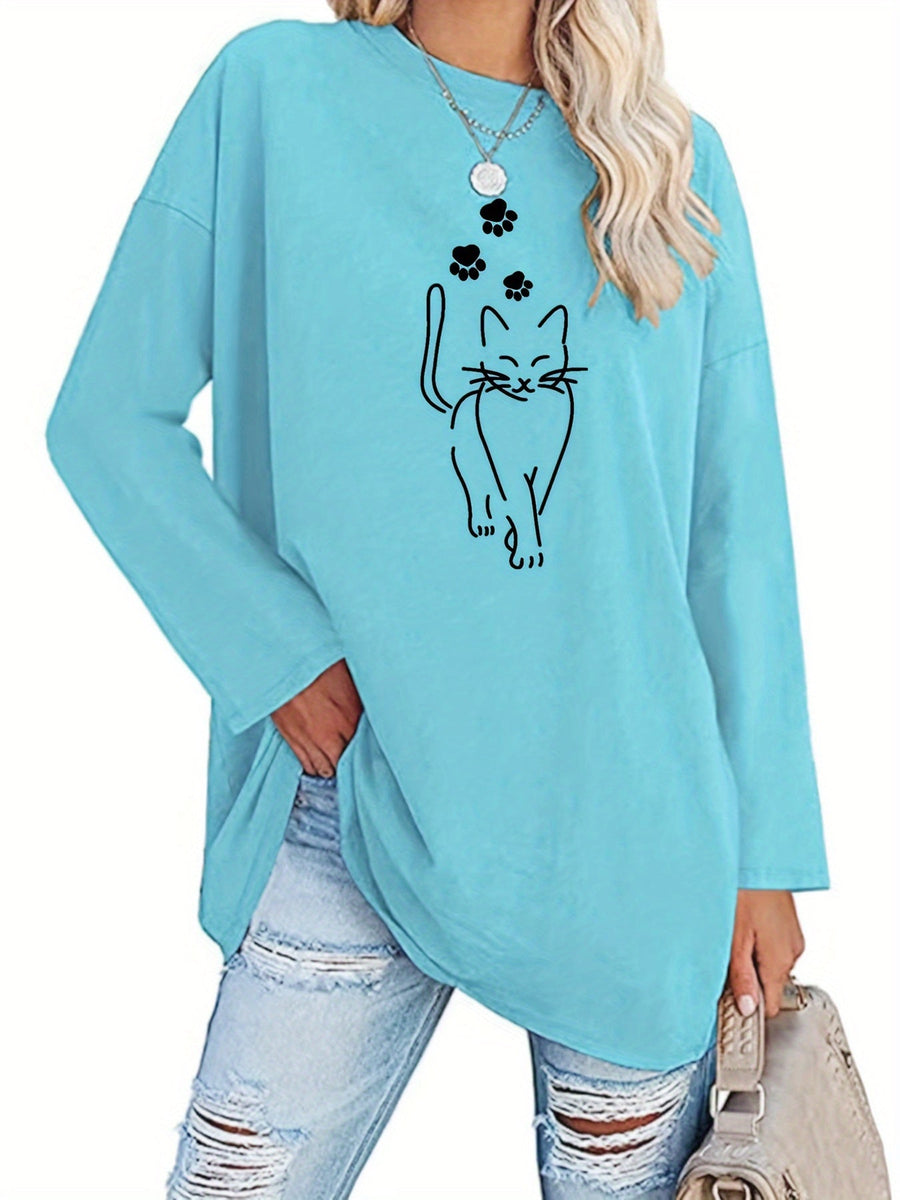 Damen Oversize Langarmshirt mit Katzenmotiv und Pfotenabdrücken