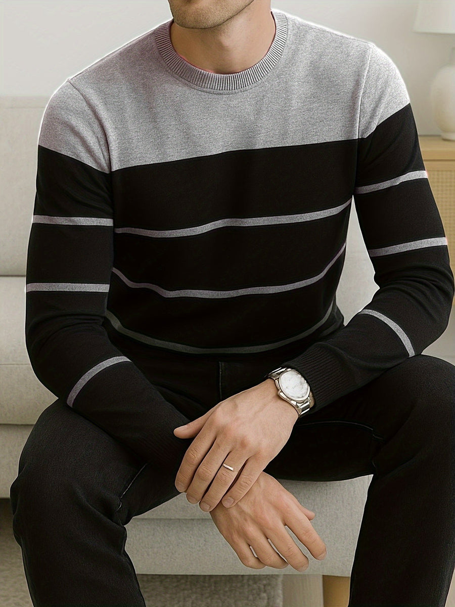 Herren Rundhals-Pullover Gestreift – Langarm, Farbblock-Design