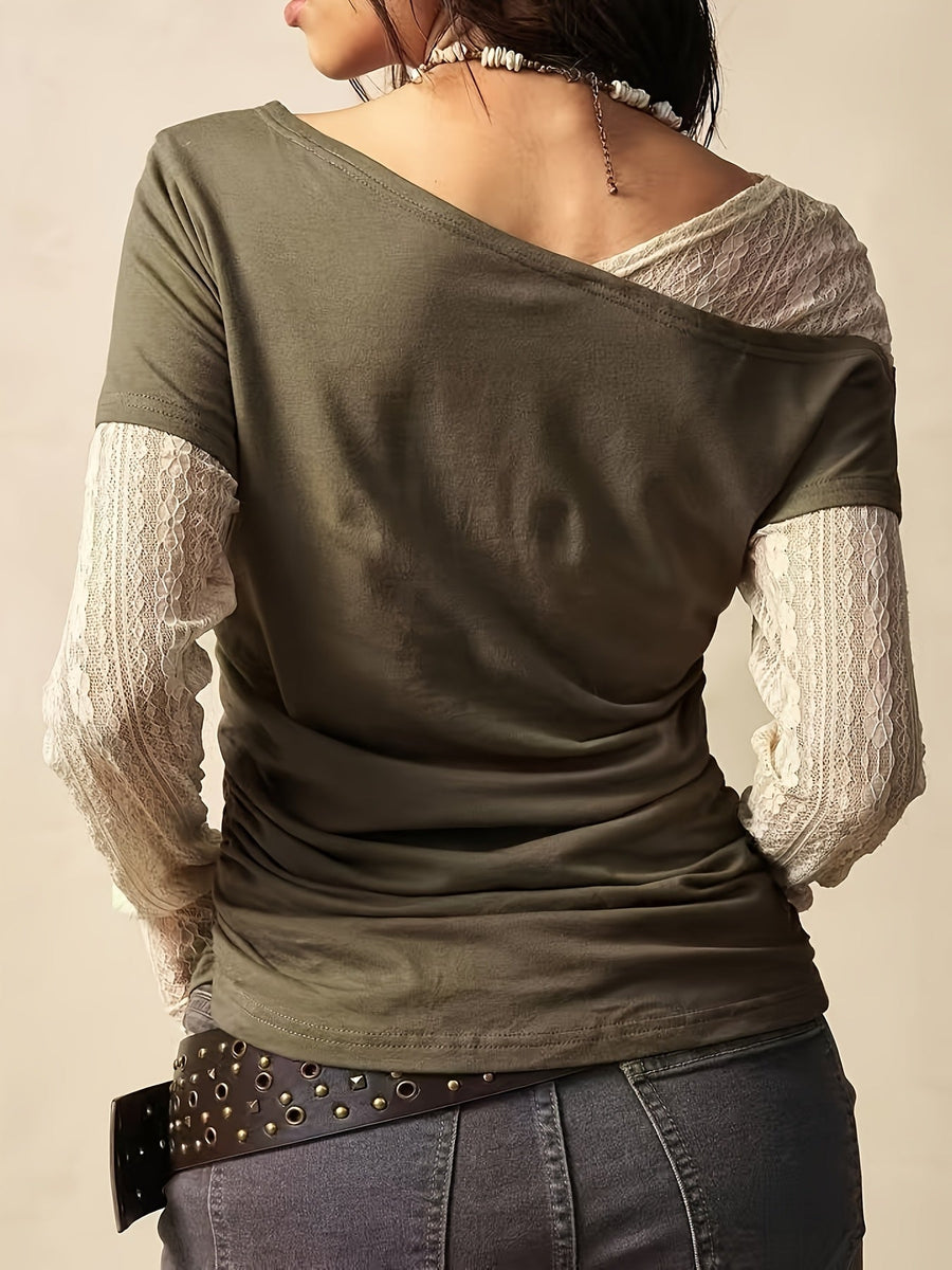 Damen Off-Shoulder T-Shirt mit Raffung und Druck, kurzärmlig