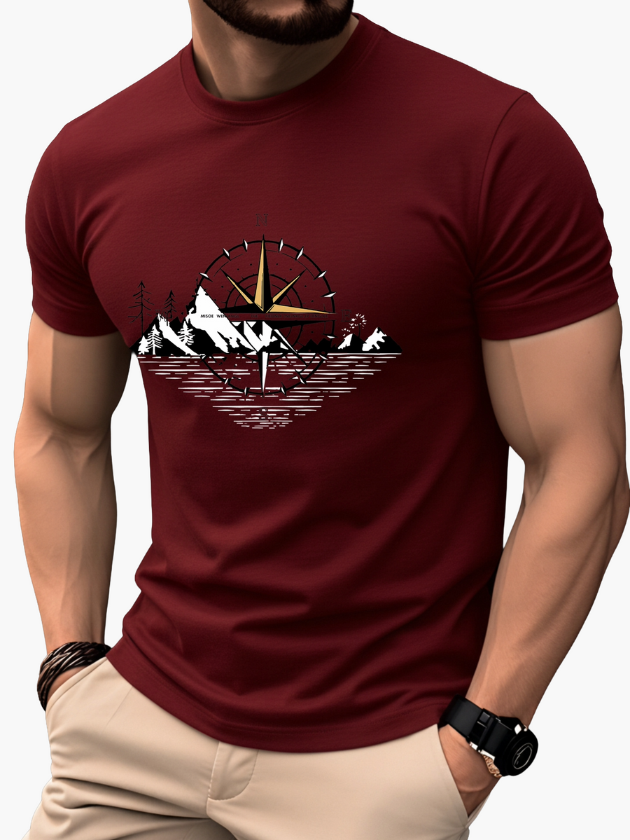 Herren T-Shirt mit Kompass- und Bergmotiv – Outdoor Abenteuer Stil