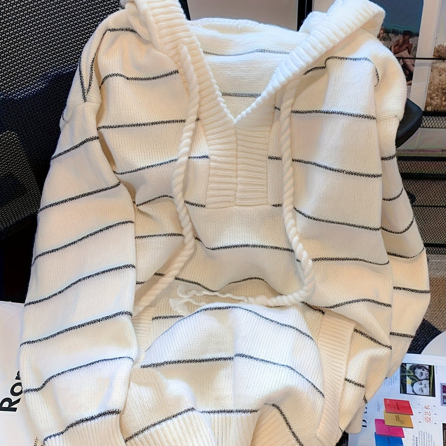 Damen Kapuzenpullover Strickpullover Gestreift Weiß Langarm